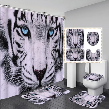 180x180 cm, Завеси за душ с изображение на тигър, Кърпа с принтом, Комплект завеси за баня, Капака на тоалетната чиния, Противоскользящий мат, подложка за баня, домашен декор