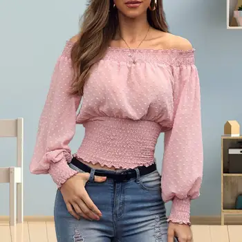 2023 Дамски секси тениска с открити рамене, плисирана яка, плътно прилепнали блузи с еластична талия, пуловери, ризи, Елегантни дамски дрехи