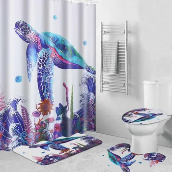4ШТ 3D дизайн на океана, Морски костенурки, Водоустойчив PVC Завеса за душа в банята, Мини постелки за пода, капака на тоалетната чиния, подложка за баня