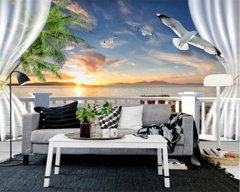 beibehang Потребителски 3D фотообои 3D балкон с изглед към морето, Чайки ТЕЛЕВИЗИЯ стена Дневна Спалня Фонови картинки украса