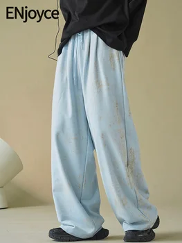 ENjoyce 2024 Пролетни Дамски Реколта Боядисани Дълги Панталони На съвсем малък Корейски Модерни Спортни Панталони Y2K Градинска Облекло Широки Панталони