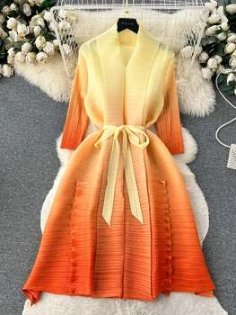 FTLZZ/ Пролет-есен женствена рокля Миди с V-образно деколте и завязками на колана, ежедневното женствена рокля с цветен наклон, женски плиссированное рокля с волани