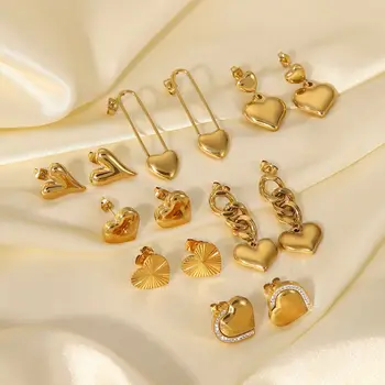 Grier Fashion INS Обеци-сърца от неръждаема стомана във формата на сърце от 14-каратово злато, изящни бижута за жени, подарък за рожден ден