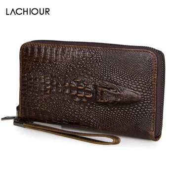 Lachiour Дълъг портфейл от естествена кожа, мъжки ретро портфейл-клатч, мъжки голяма гривна, чанти и калъфи за телефони с цип от телешка кожа