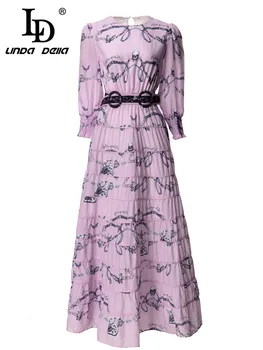 LD LINDA DELL Лятното Модно дизайнерско Винтажное Розова рокля с принтом За жените, Ежедневно Красива рокля за пазаруване