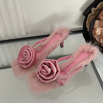 Liyke 2024/ Нови луксозни чехли с тесни джапанки под формата на розови цветове, дамски джапанки с пухкава козина, джапанки с квадратни пръсти, тънки високи токчета