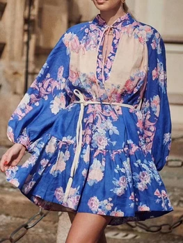 SEQINYY Синьо Мини рокля Лято Пролет Нов Модерен Дизайн Жените Писта Главната Улица Реколта Цветен Принт Хлабав Колан Празник