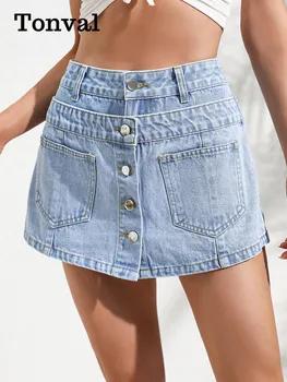 Viifaa Однобортный джоб отпред, светло синя пола от деним, къси панталони за лятото, висока талия мода, дънкови шорти 2023 година.