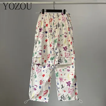 [YOZOU] Бели широки панталони-карго с графити в американски стил, с широки панталони-карго с завязками, дамски градинска облекло