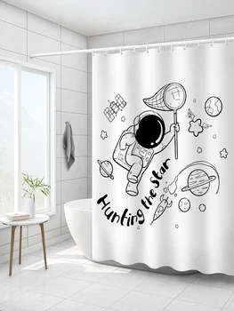 Астронавт Бели Завеси за душ за баня с анимационни принтом, Водонепроницаемое пръстен за пердета, начало декор, подаръци за деца