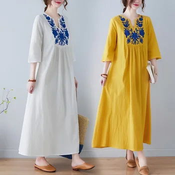 Винтажное женствена рокля, на Корейското модно рокля с дълъг ръкав и V-образно деколте, пролет-лято, Нова свободна градинска дрехи с бродерия, Елегантни дамски рокли
