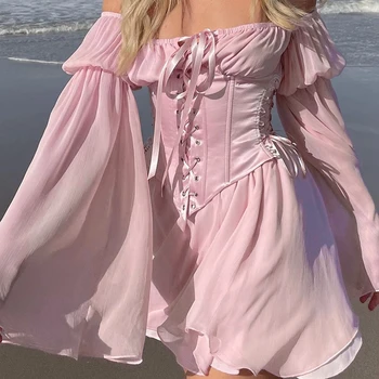 Винтажное шифоновое рокля в плажен стил с корсетной превръзка, бюстие с изрези, рокли с изгорени ръкави в стил Прери-Шик, комплект от 2 теми