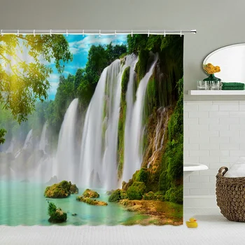 Водонепропусклива завеса за душ, Водопади, Горски пейзаж, 3d Завеси за баня с куки, украса за печат, Моющаяся параван за вана