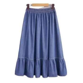 Годишна жена реколта деним пола с набори, мода памучни дънкови поли, ученически поли-колажи в ретро стил kıyafet vestidos полата на жена