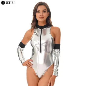 Дамски възрастен сребристо-метална космическа форма на астронавти, боди без ръкави, с нарукавником, костюм за cosplay на Хелоуин
