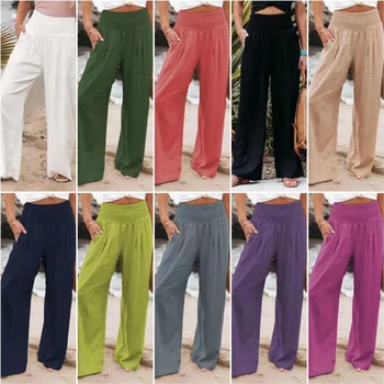 Дамски пролетно-летни нови широки панталони 2023, модни ежедневните свободни панталони, големи размери, прави панталони с плътни джоб, S-5XL