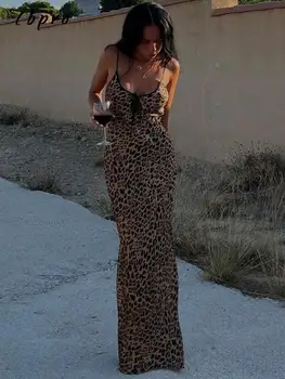 Дамски Секси дълги рокли с леопардовым принтом и отворен гръб, дамско модно Макси рокля в стил мозайка, без ръкави, женски вечер клуб рокля Vestidos