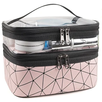 Двойна косметичка от изкуствена кожа, прозрачна чанта за тоалетни принадлежности, преносими модни водоустойчива чанта за съхранение с голям капацитет