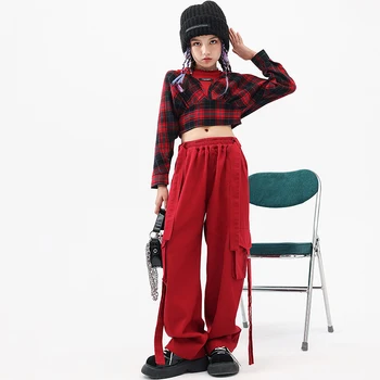 Детски облекла в стил хип-хоп, улични съоръжения за тийнейджъри, червени съкратен потник, жилетка на бретелях, червени панталони за джогинг за момичета, дрехи за джаз танци
