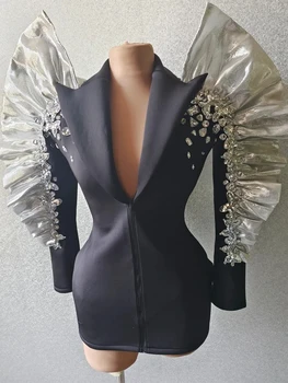 Диамант черен костюм С сако Със сребърен цвят, рокля за сценичното шоу на певицата, костюм за изяви травестит, за парти