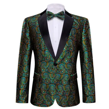 Дизайнерски Мъжки костюми, Зелен Златна коприна блейзър с петна Пейсли, Комплект с папийонка, Оборудвана Мъжки яке, сватбената рокля на Бари.Wang