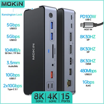 Докинг станция MOKiN 15 в 1 за MacBook Air/Pro, iPad, лаптопи Thunderbolt - Двоен 4K60HZ, USB3.0, PD 100 W, RJ-45 1 gbps