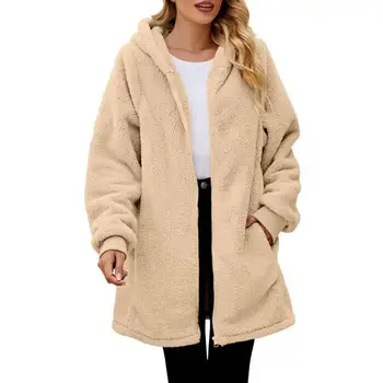 Есенно-зимно дамско палто с качулка, дебел плюш, монофонични джоб, топла жилетка с цип дълъг ръкав, дамски яке