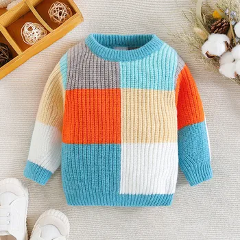 Есента Свободен вязаный пуловер за малки момчета и момичета, Зимни Сладки Цветни ежедневни детски пуловери с дълъг ръкав от плътен памук, Нови качулки