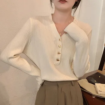 Жена вязаный пуловер с V-образно деколте, новост есента 2023, Френски сладък пуловер с дълъг ръкав, Тънки Вътрешни върхове, Корейската мода Sueter Mujer