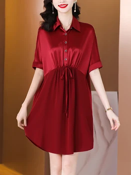 Жена Червено ацетатное атласное рокля Миди с къс ръкав, Лятно луксозно Елегантна рокля със свободна талия 2023, Корейски реколта ежедневни вечерни рокли