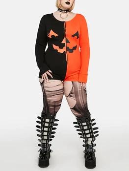 Женски костюм за Хелоуин с дълъг ръкав и кръгло деколте с цип в контрастен цвят с гримасой, дебнещ боди, дрехи за почивка, пижами