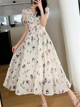 Женствена рокля с флорални принтом, лято 2023, Нова Корейската мода, V-образно деколте, Елегантни вечерни Офис женски midi-рокли, Дамски тънък Vestidos