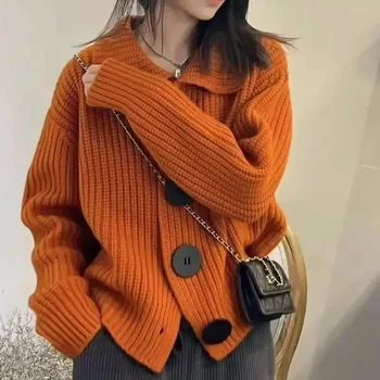 Жилетка, дамски пуловер с отложным яка, стилни Голяма пуговица, свободен Корейски топлото Есенно-зимна жилетка, палто Y2K, пуловер