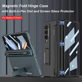 За Samsung Galaxy Z Fold 4 Калъф 5G С Магнитна тръба на шарнирна Връзка, Слот За Писалка, Стойка за Крака, Твърдо Покритие със Защитно Стъкло за Samsung Z Fold4