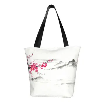 Забавни чанти за пазаруване под формата на дърво Сакура, цветове на череша, за многократна употреба Японски чанти за пазаруване с цветя, холщовая пазарска чанта през рамо