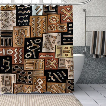 Завеси за душ с африкански етнически цветя модел, геометрична плат за пердета за баня, водоустойчив полиестер за декор на бани с куки
