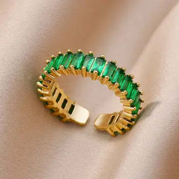 Зелени Луксозни пръстени с цирконии за жени, Открывающееся пръстен от неръждаема Стомана, Регулируеми Кристални Сватбени Анилло, Естетически Бижута подарък bague