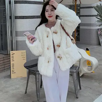 Зимата ново Корейското палто от вълна агнешко месо, Дамско яке с една плюшена памучна подплата от рога, Свободна горна дреха
