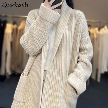 Зимна жилетка, женски Топъл Лек трикотаж, Ежедневното однотонное палто с V-образно деколте, Корейски стил, Разнообразни джобове, пуловер с естетически шик