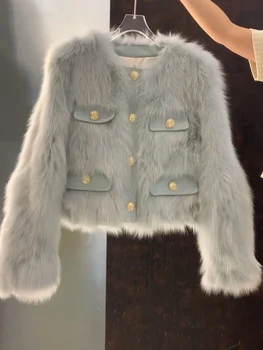 Зимни дамски дрехи 2023 г., на кратко темпераментное палто от изкуствена кожа, Новост зимата