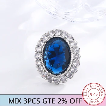 Имитация на креативен дизайн, синьо овална пръстен, модерна форма на цвете, бижута на годишнина банкет, бижута от сребро проба S925