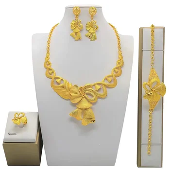 Индийски Мода Дубай Златен цвят на Дълга Огърлица, Обеци, Пръстен, Гривна Комплект бижута Эфиопские Африкански бижута Подаръци за младоженци