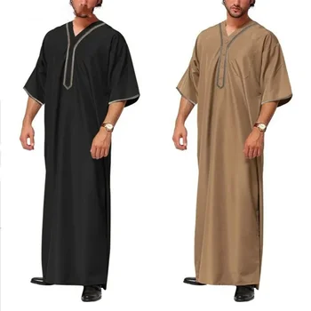 Ислямски Арабски Кафтан Мъжете с къс ръкав Плътен цвят с V Образно деколте Мюсюлманска дрехи Реколта Ежедневни Близкия Изток Дубай Мъжете Джубба Тоби