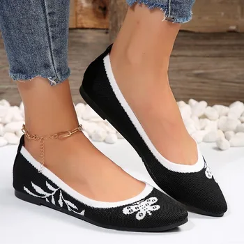Класически дамски обувки на плоска подметка с остри пръсти, Новост пролетта 2024 г., модни фини обувки с принтом, Дишаща мрежа дамски ежедневни обувки