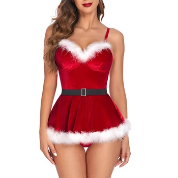 Коледни женски кадифени панталони, рокля с една плюшена тапицерия от пера, V-образно деколте, монтиране боди с колан, костюми за cosplay на Дядо Коледа