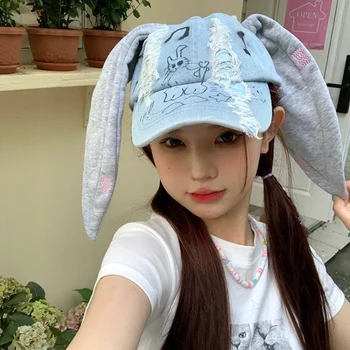 Корейската версия на дънкови шапки с графити ръчно изработени дамски модни бейзболна шапка с големи кроличьими уши, персонални мъжки солнцезащитная шапка за почивка на открито