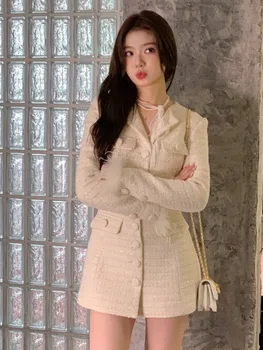 Корейски Елегантен Дълъг сако, Дамско Есенно-зимния ново палто с дълъг ръкав и V-образно деколте в стил мозайка, Луксозен модерен Дамски връхни дрехи