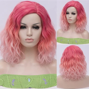 Къси розови синтетични перуки Омбре за косата на жените, многоцветен перука за cosplay, огнеупорни
