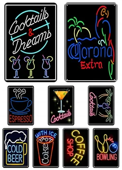 Луминесцентна лидице знак клуб, пъб, декоративна плоча, колоритен коктейл, бира, боулинг, метална стоманена плоча, боядисани стени, черната боя