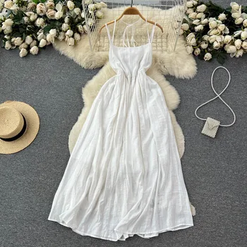 Лятото Френското Бяла рокля на подтяжках с отворен гръб и нишов дизайн, дълга пола с колан